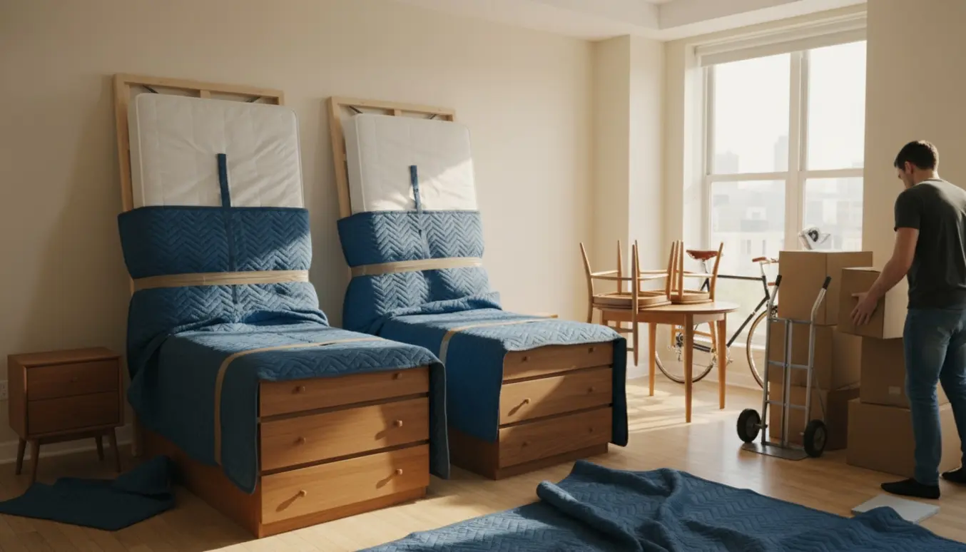 Solbeskinnet flyttescene med senge, kommoder, bord og stole, flyttekasser og en cykel i en lejlighed.