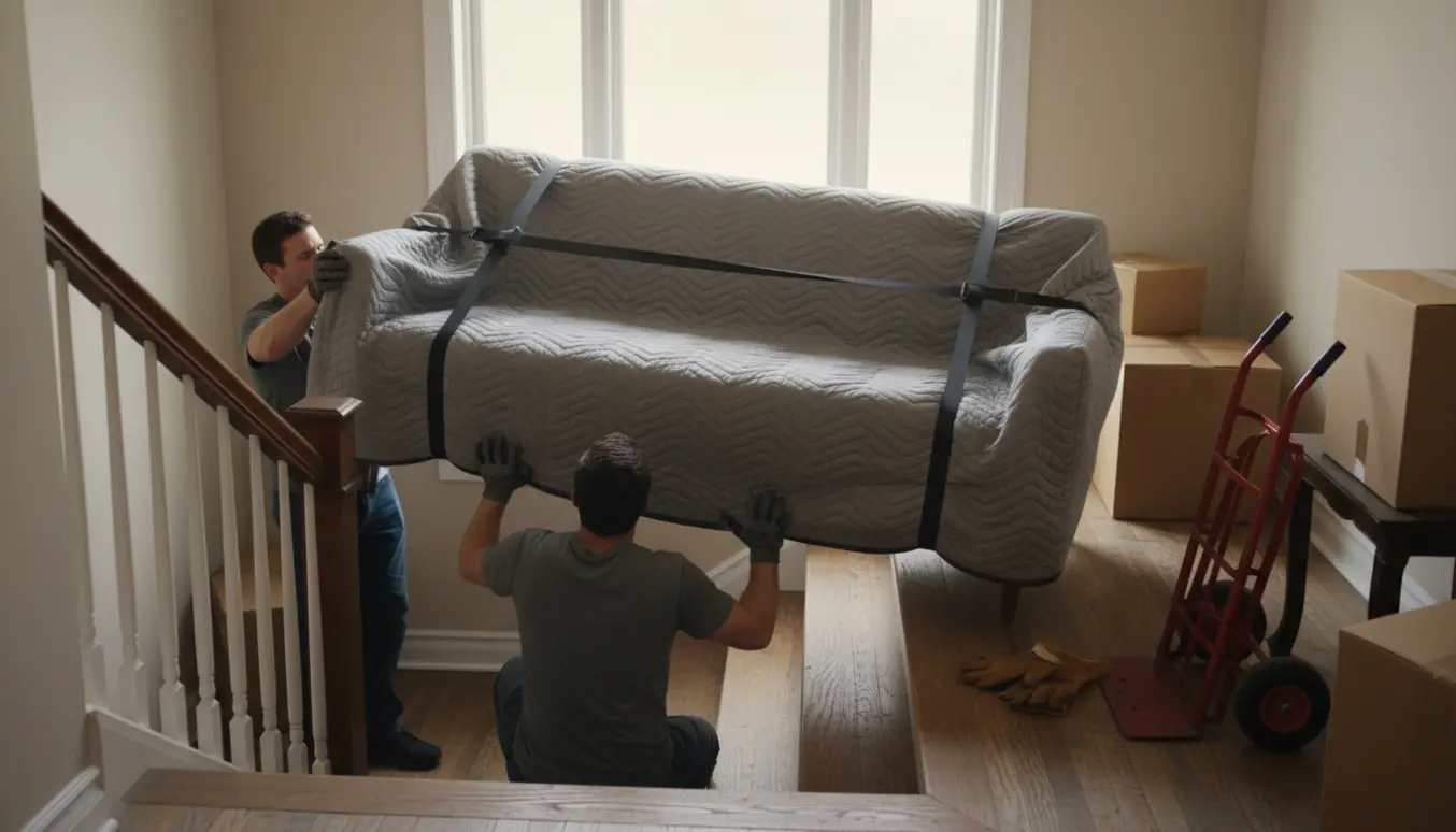 To flyttemænd bærer en indpakket sofa op ad en fire-trins trappe i en boligopgang.