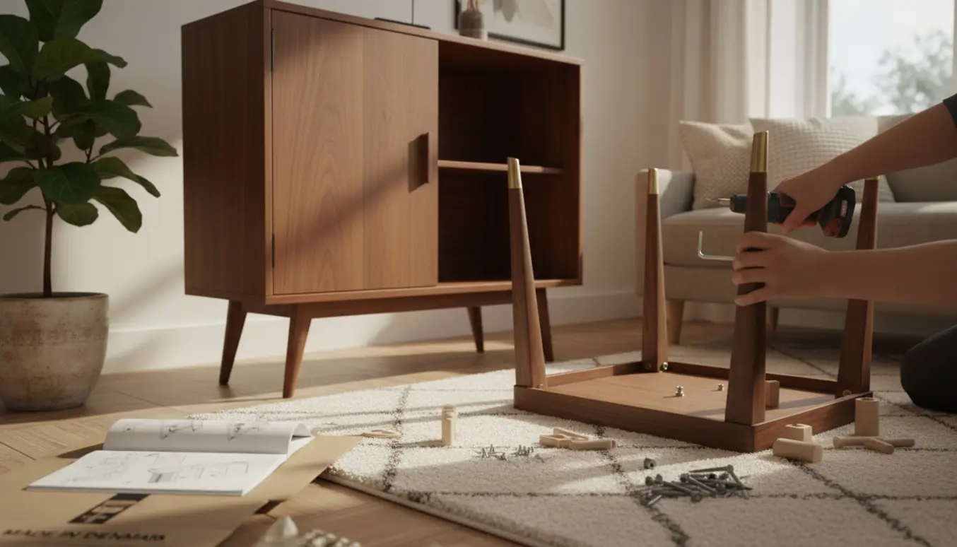 Hænder samler et vintage skab og et sofabord i en lys stue.