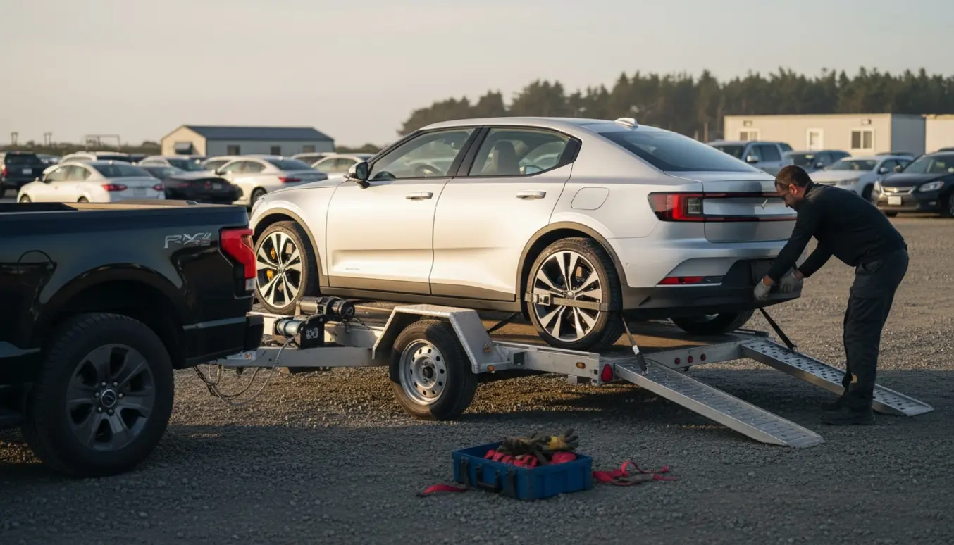 Elbil halvt læsset på en lille trailer med hænder, der spænder stropper, klar til transport.