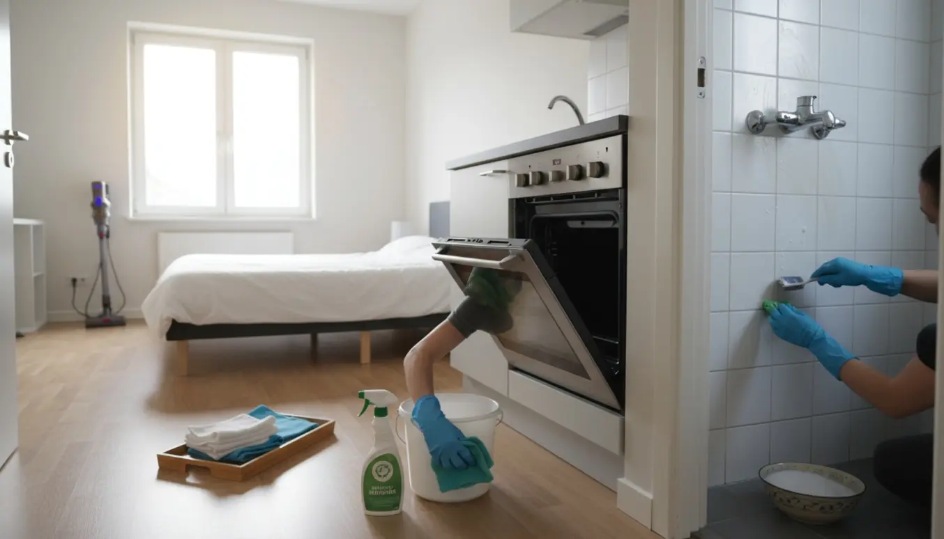 Gummihandsker skrubber ovn og afkalker badeværelsesfliser i en lys studielejlighed ved fraflytning.