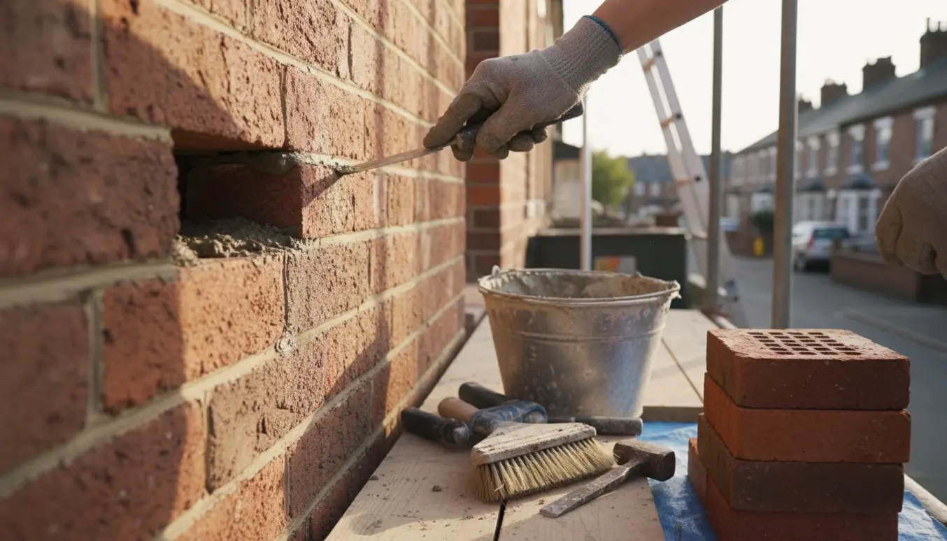 Nærbillede af hænder der efterfuger en rødstensfacade på et kædehus med mørtel og reservesten ved siden af.