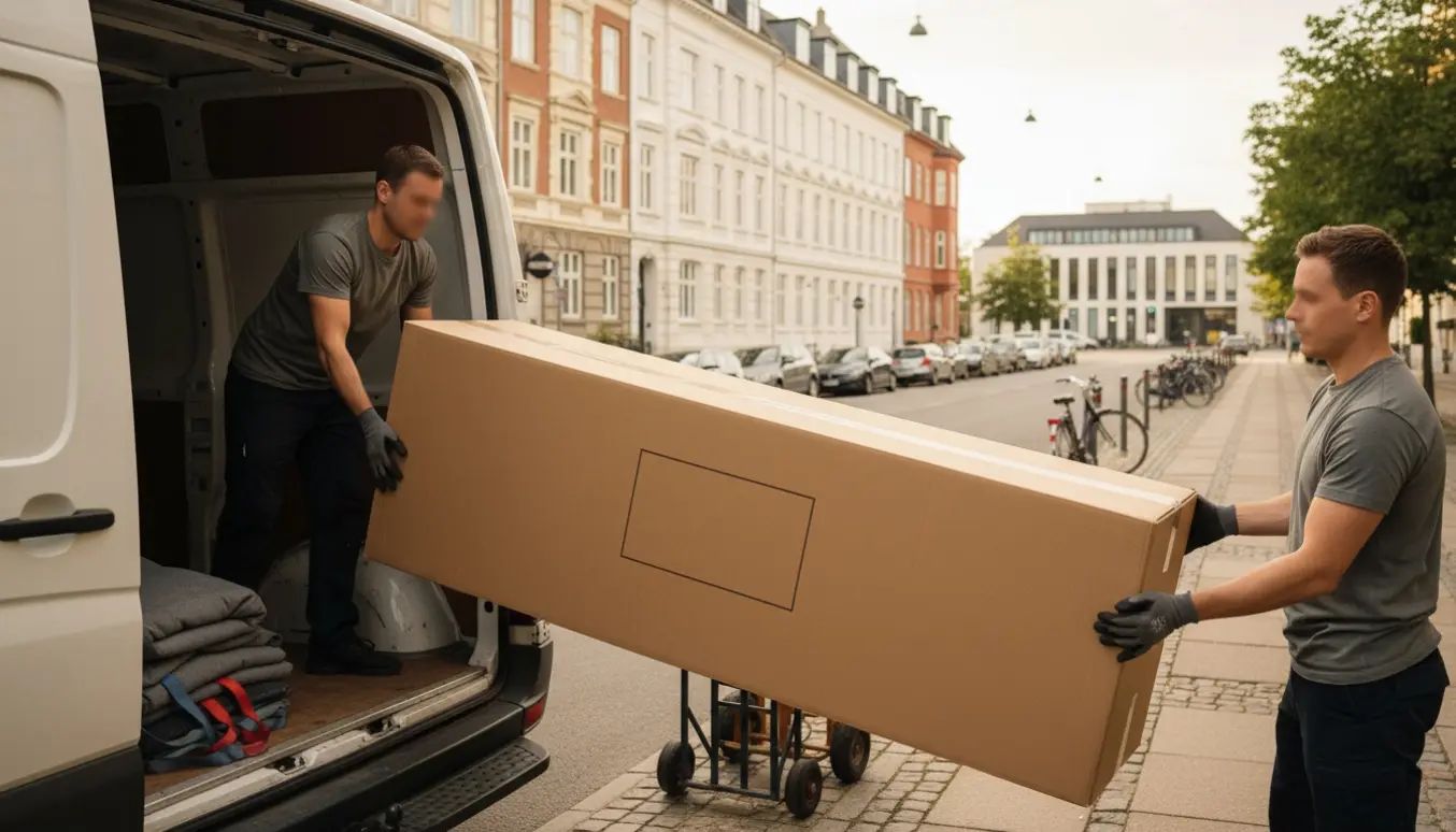 To flyttere løfter en indpakket sovesofa ind i en varevogn på en Østerbro-gade klar til returnering.