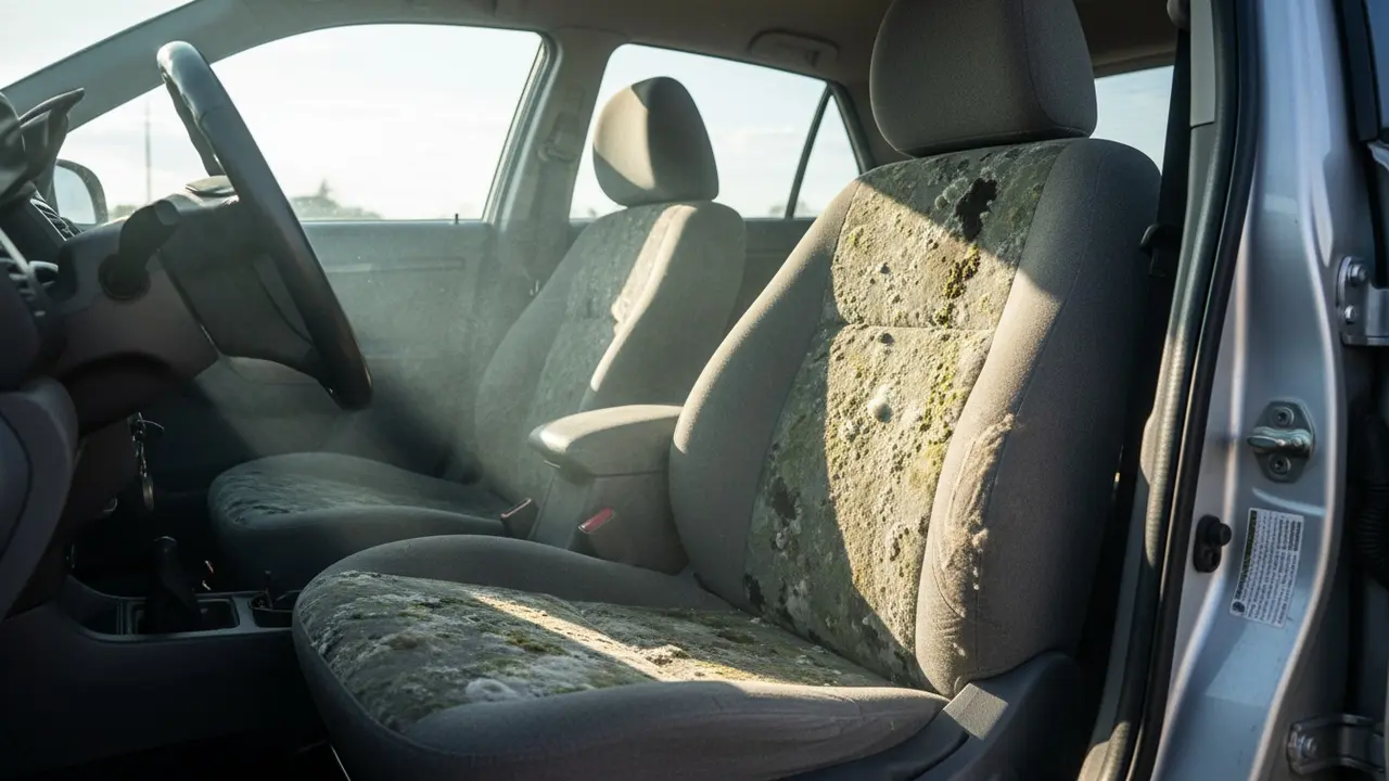 Bilinteriør med synlige skimmelpletter på sæde og åbne døre for udluftning