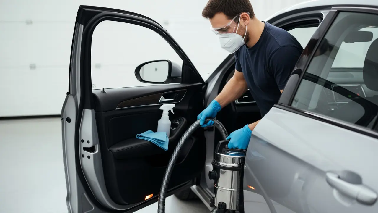 Person iført handsker, maske og briller ved åben bildør med støvsuger og sprayflaske