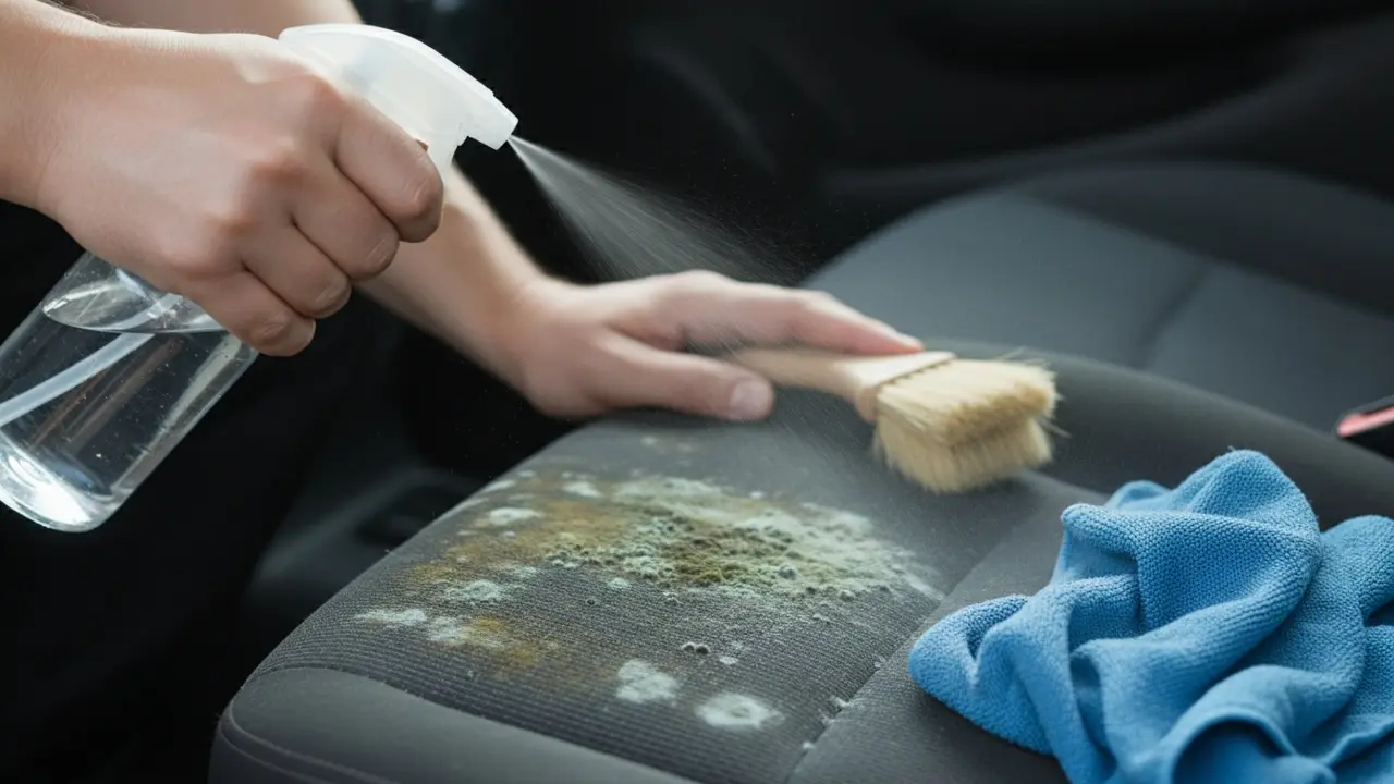 Nærbillede af sprøjtning af eddikeløsning på skimmelplet på bilsæde med børste og klud klar