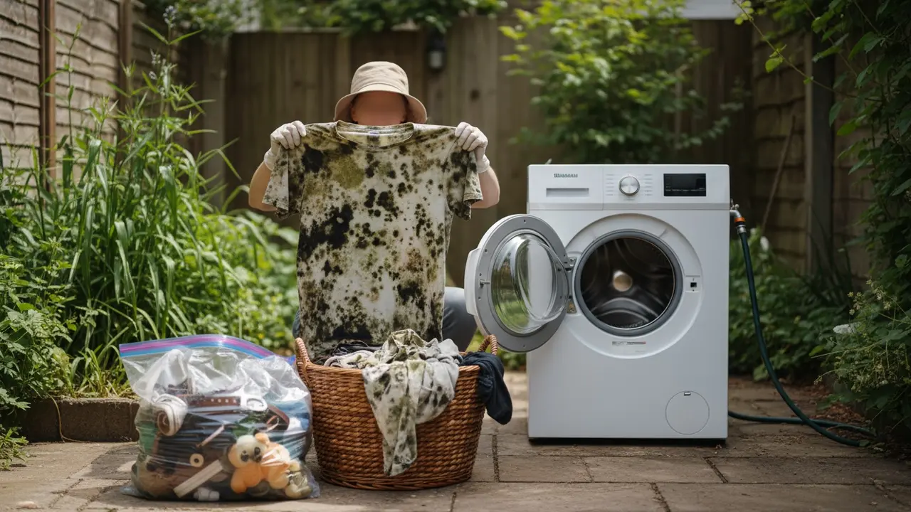 Inspicering af skimmelramt tøj ved bilen, tøj i vasketøjskurv og plastikpose klar