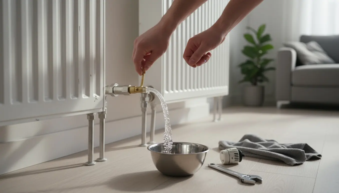 Nærbillede af to radiatorer i en stue, hvor en hånd lufter en ventil med klar slange og en skål under.