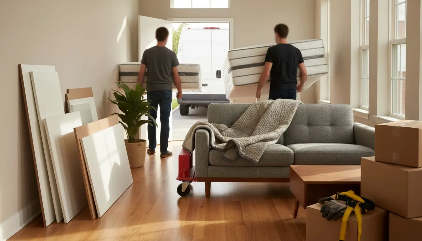 Flyttefolk bærer to store madrasser og flytter en sofa i en lys lejlighed med flyttekasser og beskyttelses tæpper.