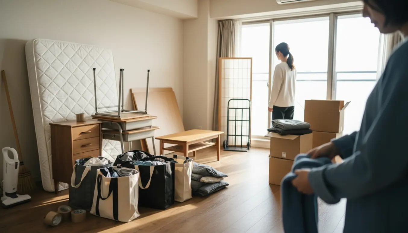 Lejlighed midt i flytteoprydning med møbler, flyttekasser og poser klar til afhentning.