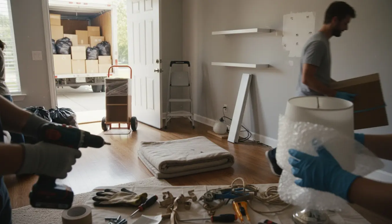 Stue under fraflytning med pakkede kasser, nedtagne svævehylder, værktøj og en åben flyttebil udenfor.
