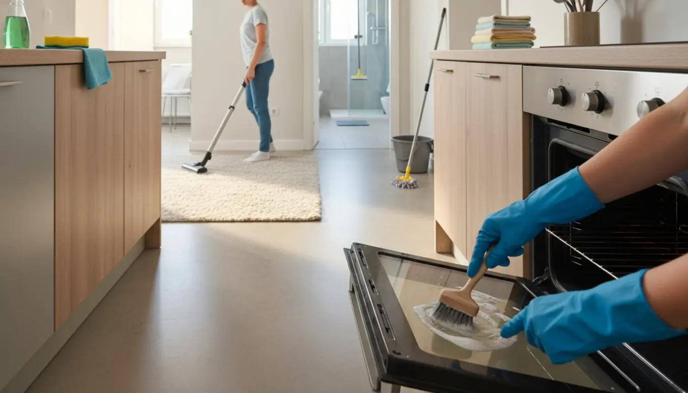 Åben plan stue og køkken under rengøring, hænder skrubber en ovn mens støvsuger og moppe ses i baggrunden.