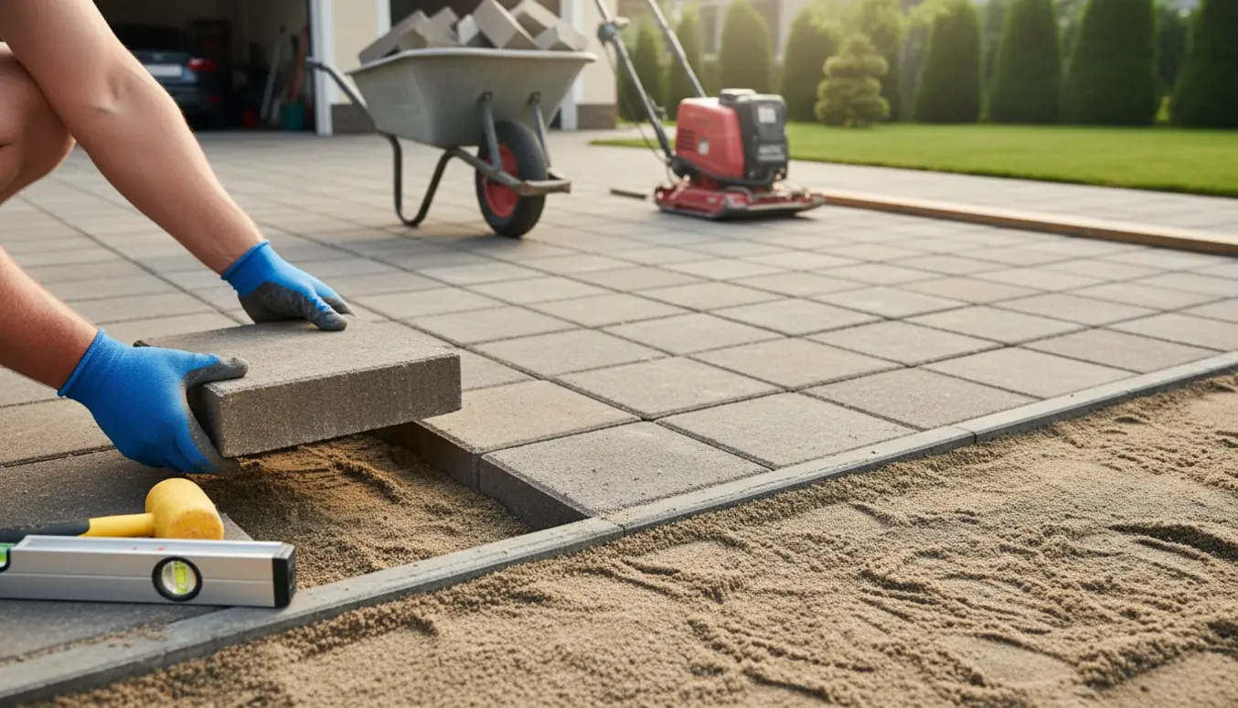 Hænder i handsker lægger 50x50 cm fliser på en ny udvidet indkørsel med værktøj i baggrunden.
