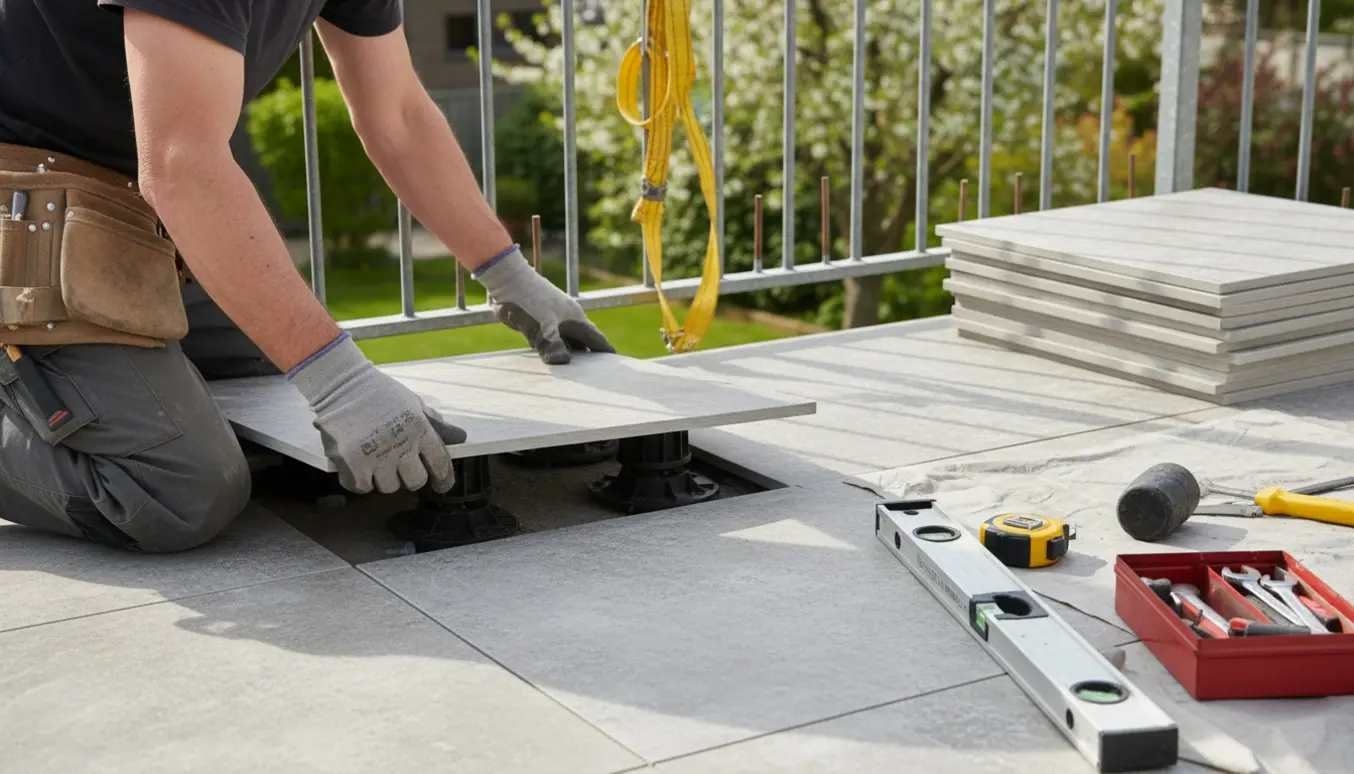 Erfaren håndværker monterer store terracelﬂiser på justerbare fødder på en lille tagterrasse med delvist afmonteret gelænder.