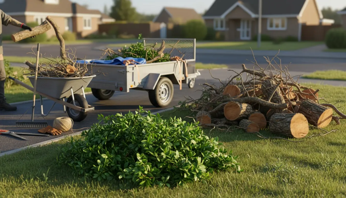 Trailer, trillebør og bunker af hækklip og fældede grene klar til bortkørsel fra forhaven.