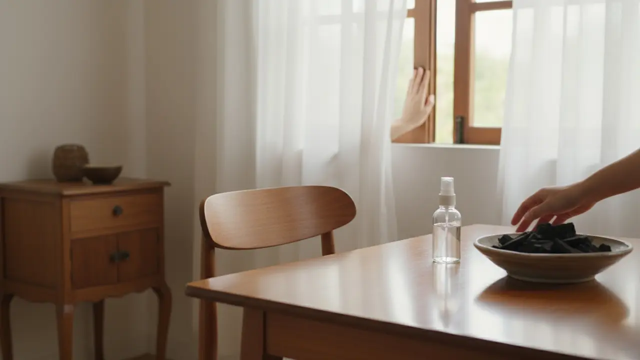 Lyst rum med træmøbler ved åben vindue, sprayflaske og skåle med aktivt kul og kaffegrums