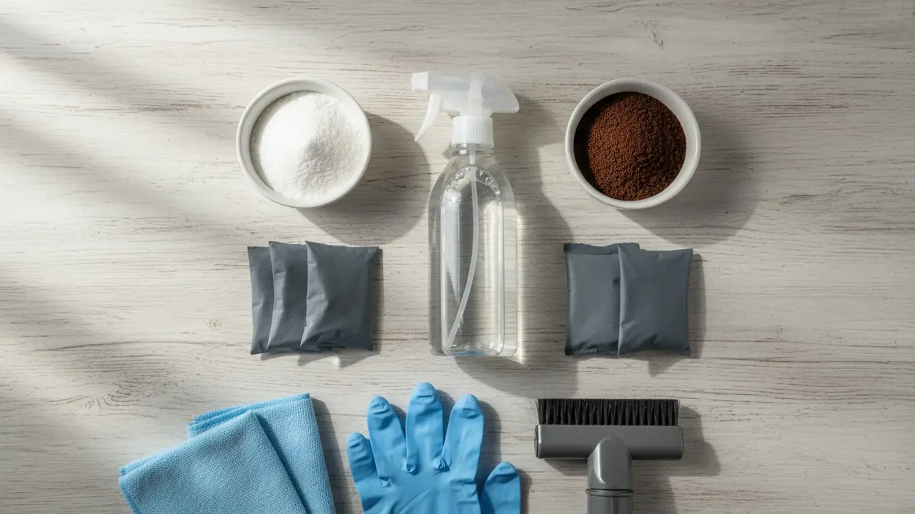 Topview af rengøringsmidler på træbord: sprayflaske, natron, kaffegrums, aktivt kul, klud og handsker