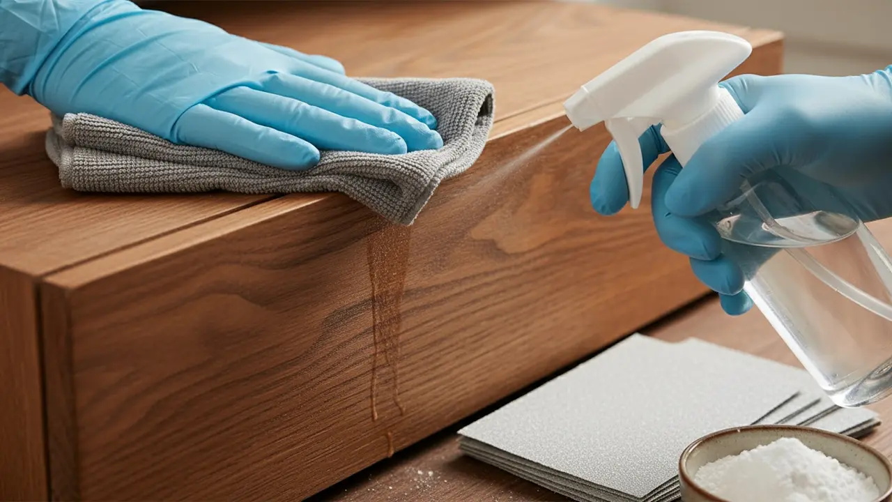 Nærbillede af hænder i handsker der tørrer træ med eddikeblanding, natron og fint slibepapir ved siden af