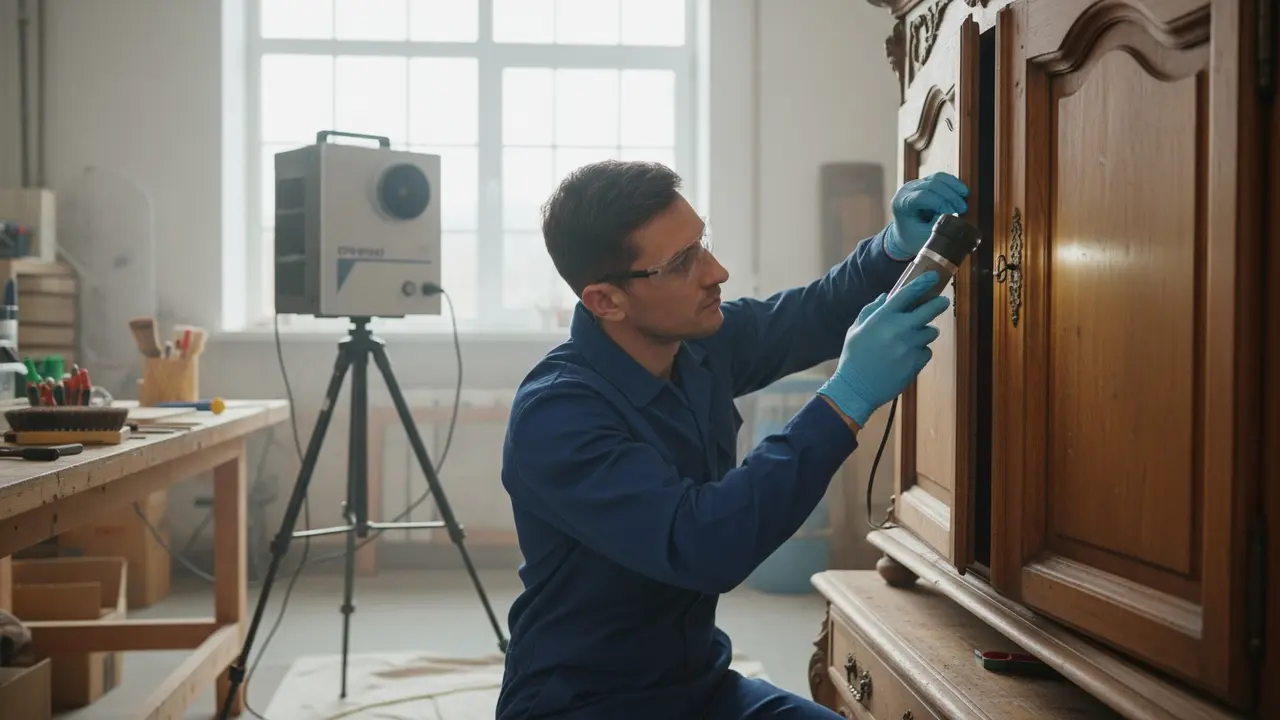 Fagperson med handsker undersøger antikt træmøbel med professionelt udstyr i baggrunden