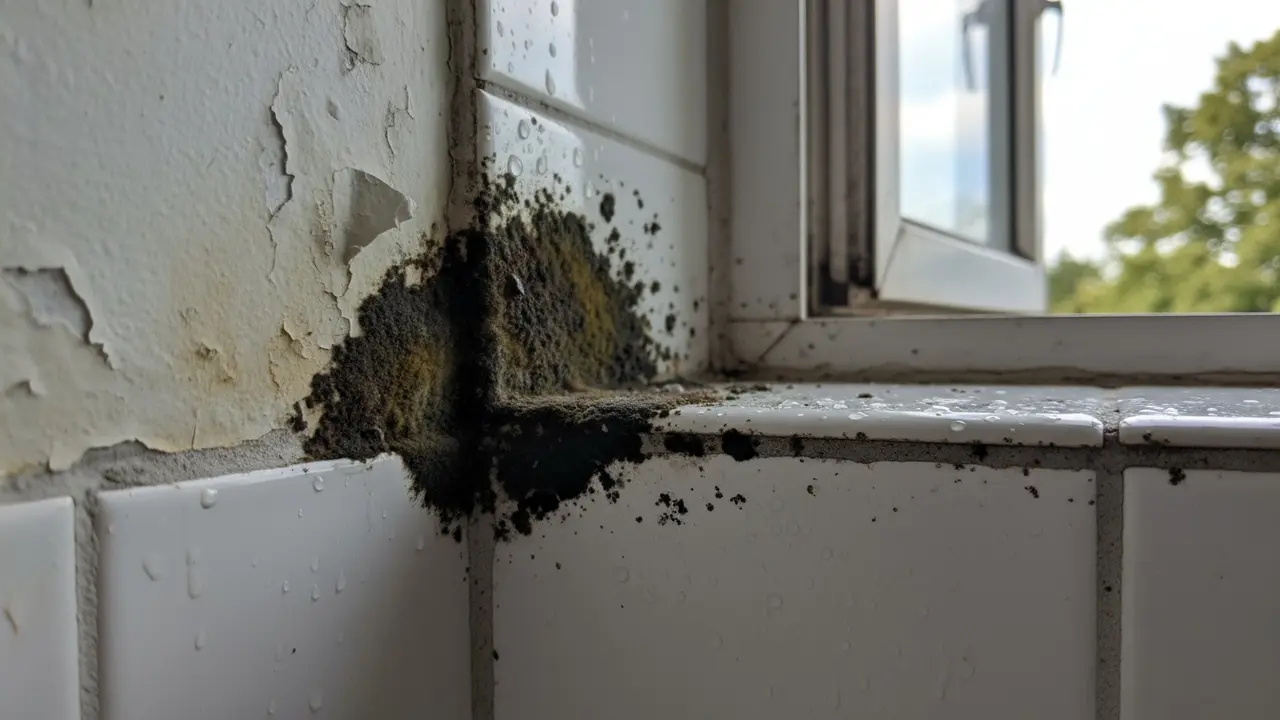 Nærbillede af mug på fliset fuger i et fugtigt badeværelse