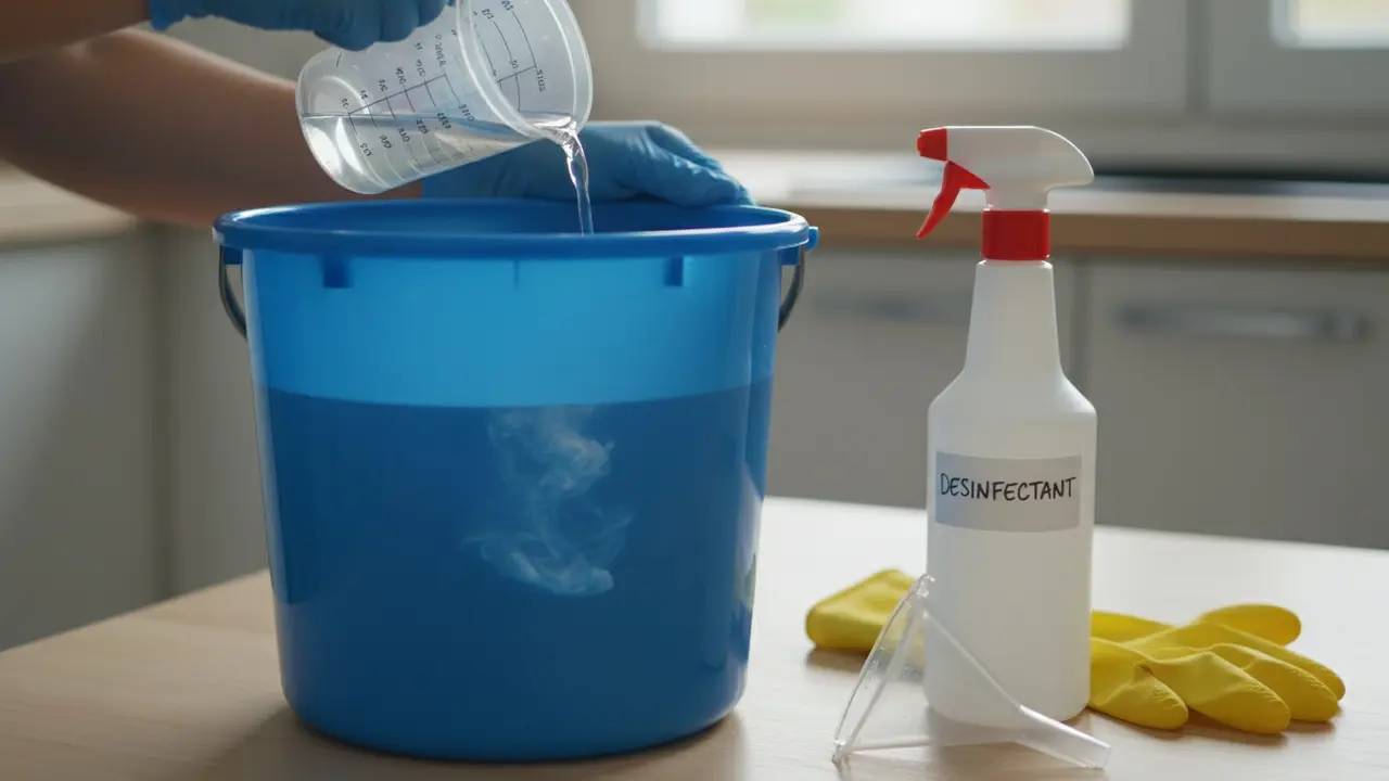 Måling og blanding af Rodalon i spand med målestreger for korrekt forhold 1:10