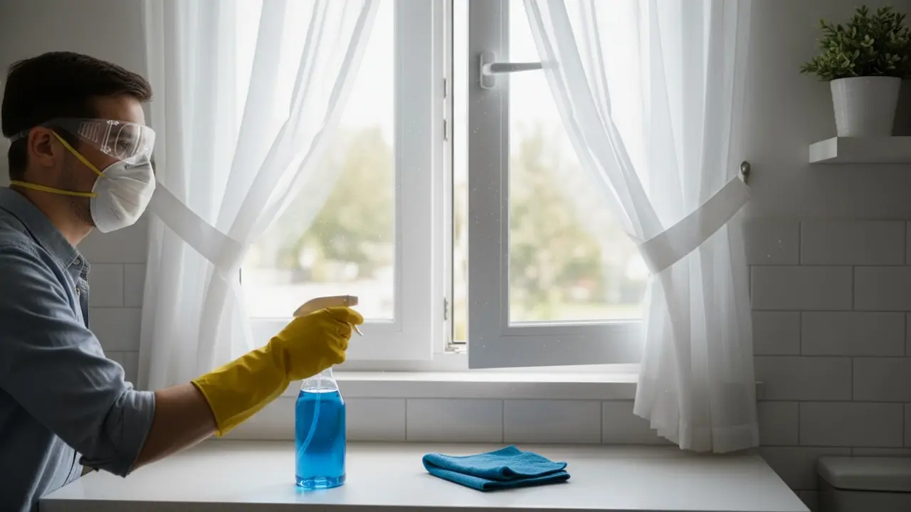 Person med handsker, beskyttelsesbriller og maske åbner vindue for ventilation