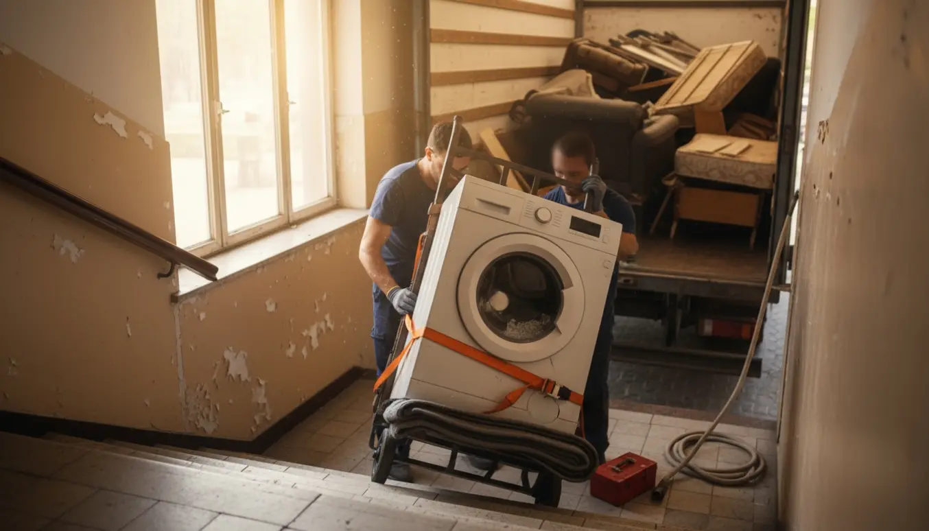 To flyttefolk trækker en defekt vaskemaskine ned ad en trappe på en tralle mod en åben storskraldsbil.