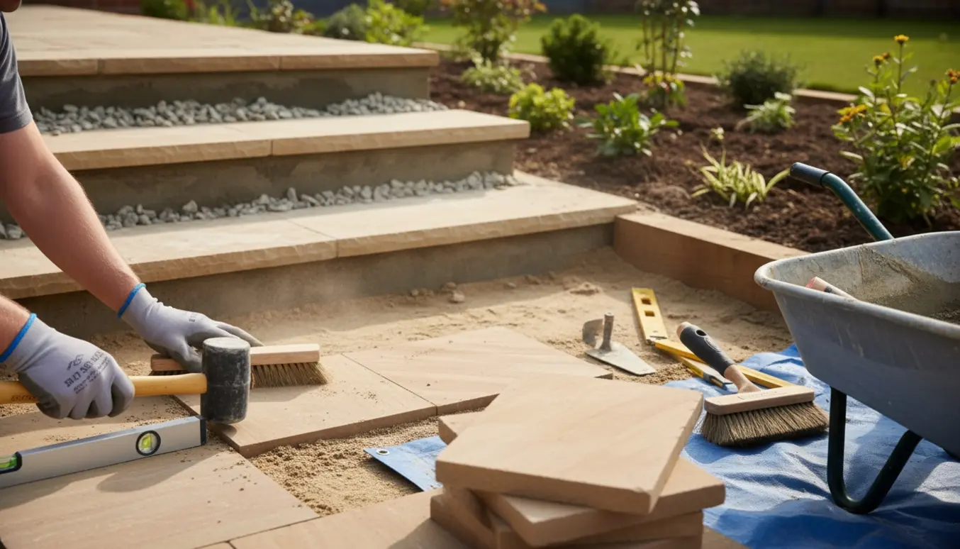 Hænder placerer en ny flise ved en renoveret trappe med værktøj, nye fliser og nysat bed.