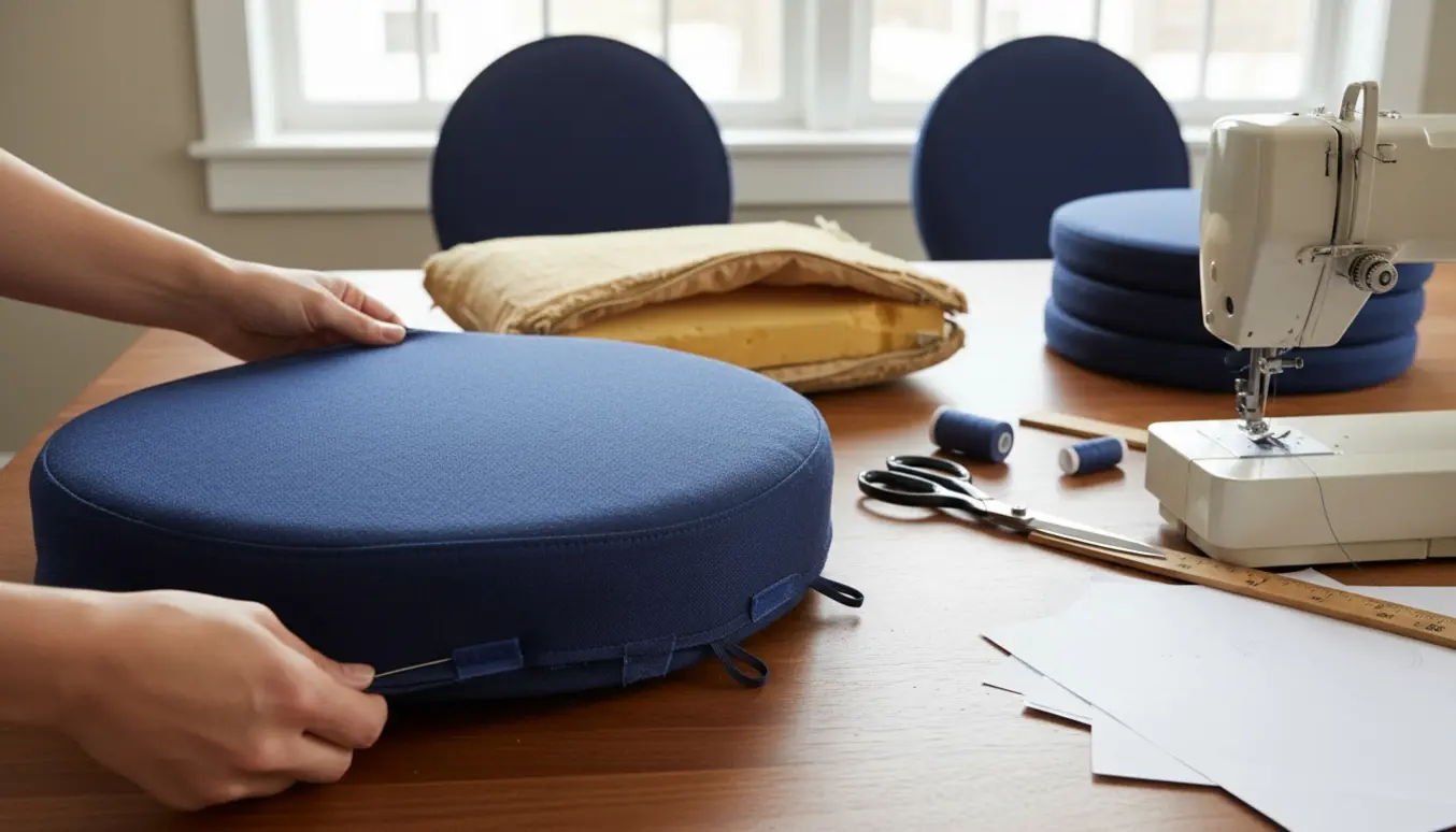 Arbejdsbord med mørkeblå syede hyndebetræk til runde stole, symaskine og værktøj.