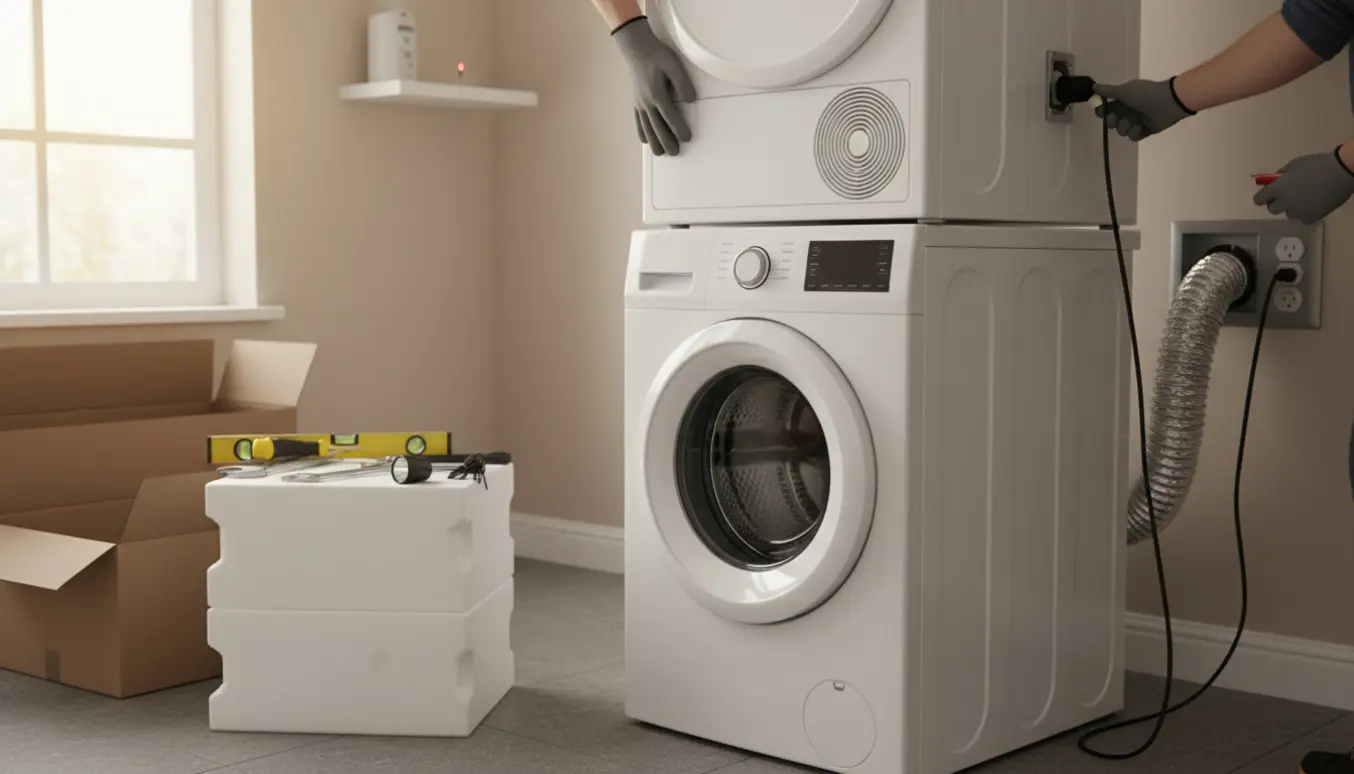 Hænder installerer og tilslutter en tørretumbler oven på en vaskemaskine i et lyst vaskerum.