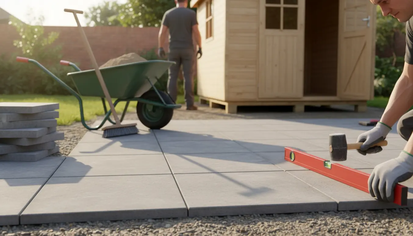 Flisebelagt 8 m² fundament med 40x40 cm fliser og værktøj klar til at stille et haveskur.