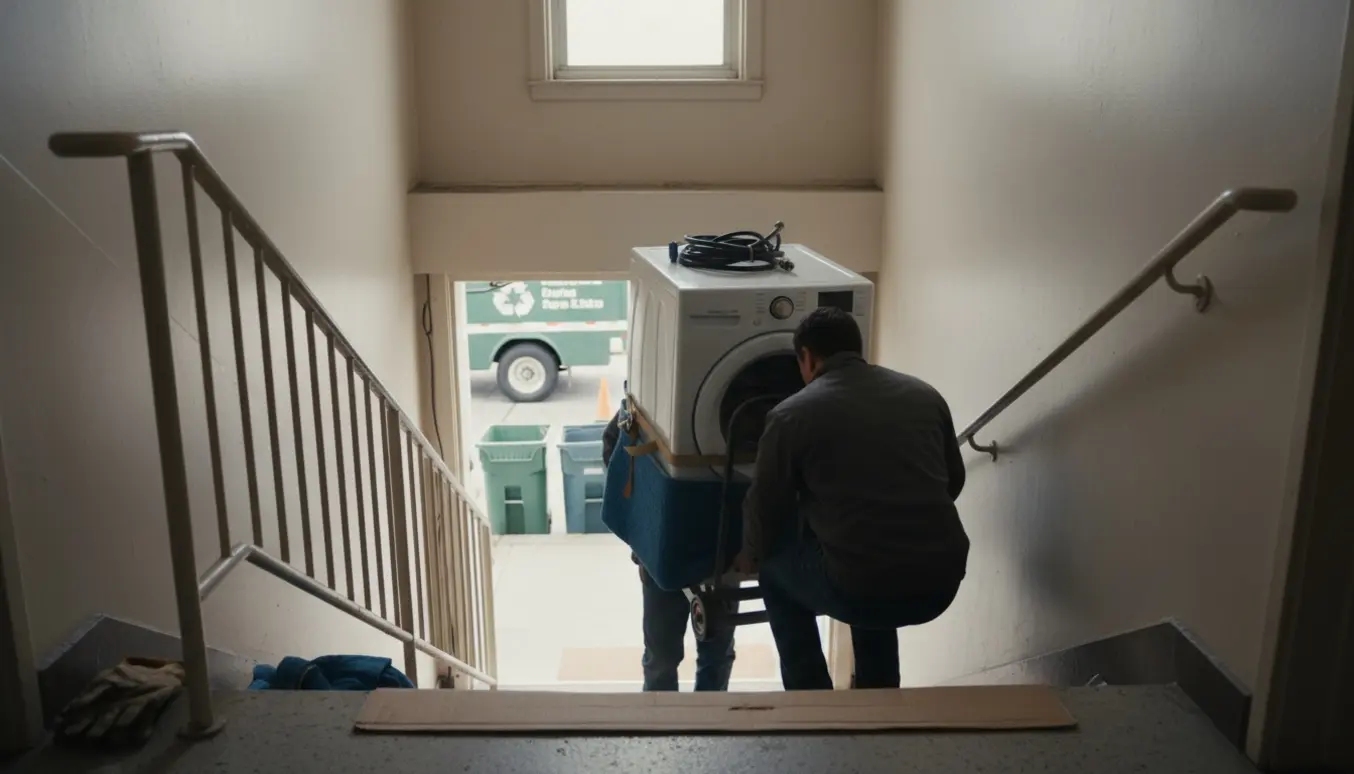 En vaskemaskine bæres ned ad en trappe på en håndtruck med afmonterede slanger og sammenrullet kabel.