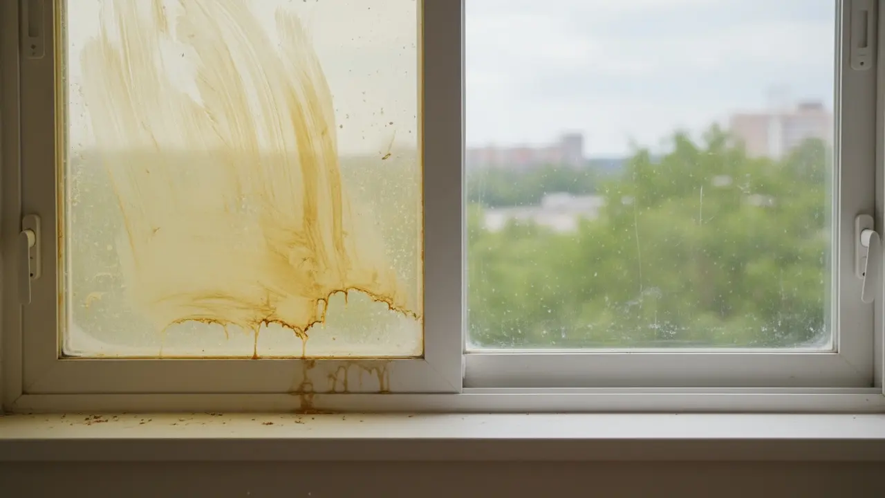 Vindue og plastik med gule nikotinaflejringer, delvist renset