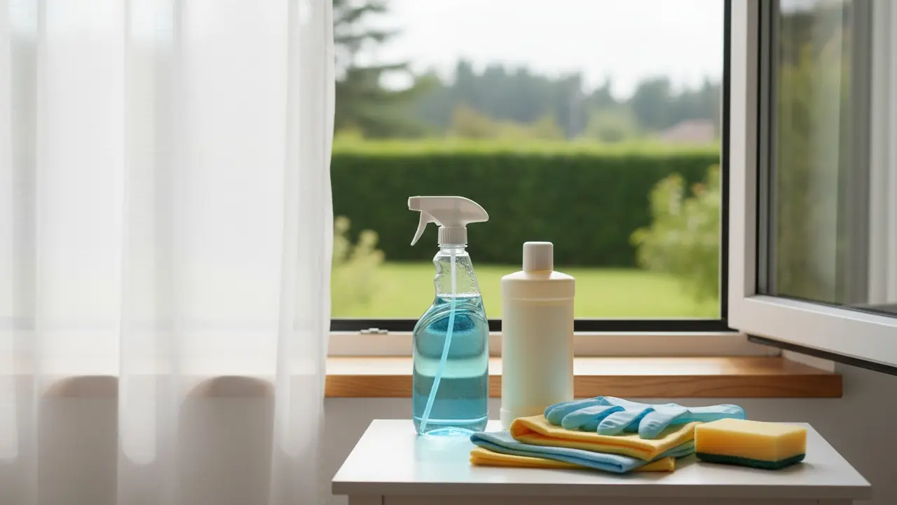 Åbent vindue med rengøringsmidler og gummihandsker klar til brug