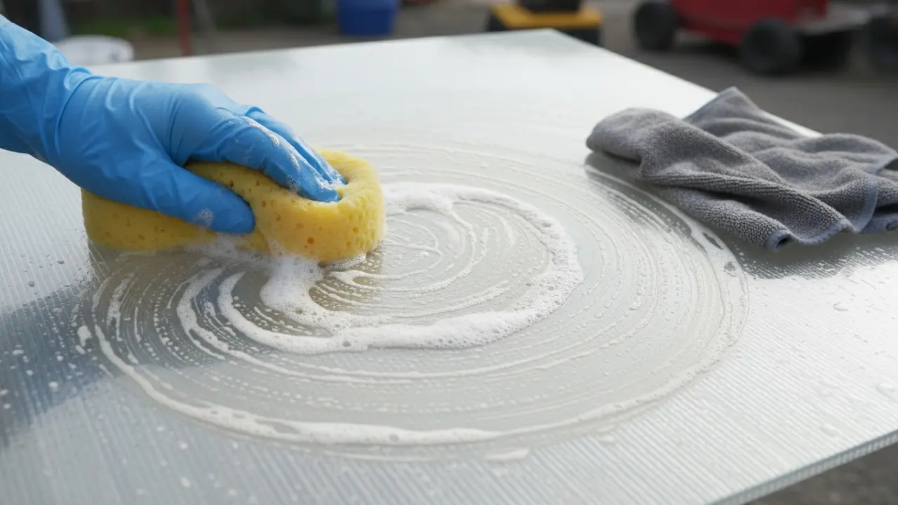 Gummihandske gnider plastik i cirkulære bevægelser med blød svamp