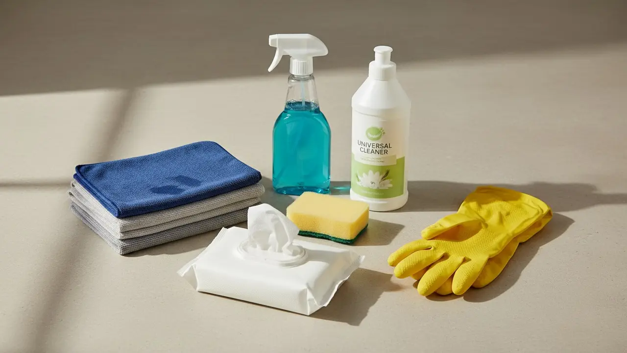 Anbefalede rengøringsprodukter: glasrens, mildt universalmiddel, mikrofiber og svamp