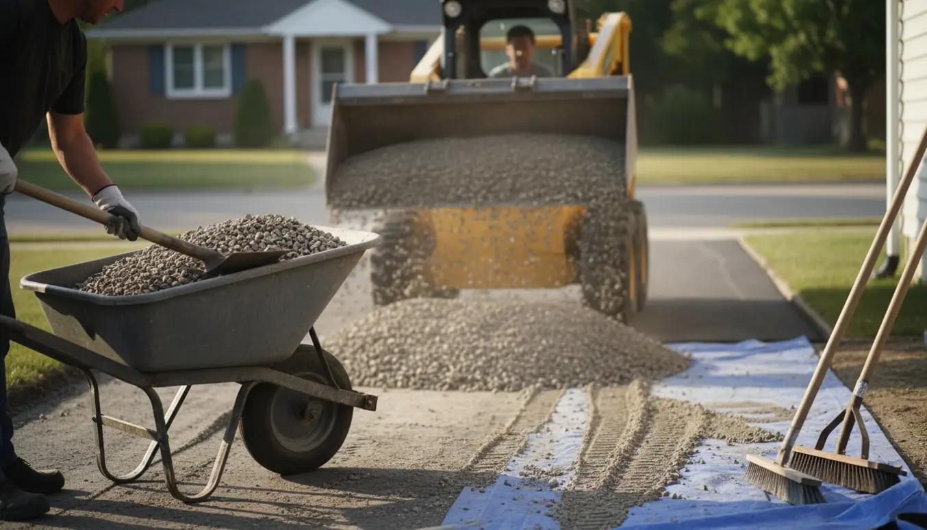 En arbejder fjerner midlertidigt grus fra en indkørsel med skovl og minilæsser, klar til asfalt.