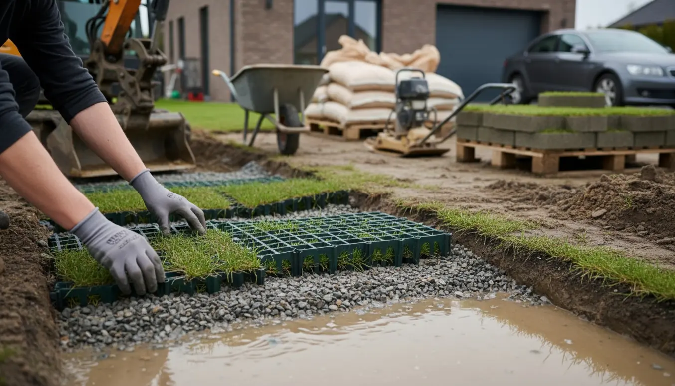 Afgravet, våd indkørsel med delvist lagt plastik græsarmeringssten og værktøj klar til færdiggørelse.
