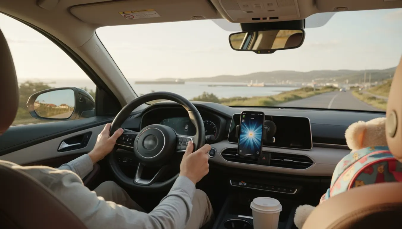 Udsigt gennem bilens forrude med førerens hænder på rattet og en barnerygsæk på bagsædet klar til en køretur.