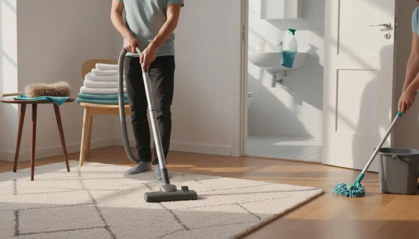 Lyst hjem med rengøring i gang: støvsugning, gulvvask, foldet sengetøj og et rent badeværelse i baggrunden.