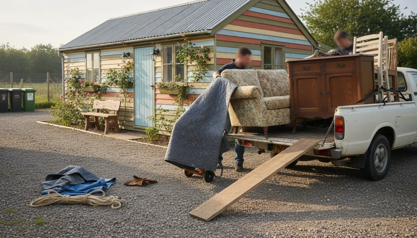 Sofa, tung skænk og havemøbler læsses på en pickup ved en kolonihave på vej mod genbrugspladsen.