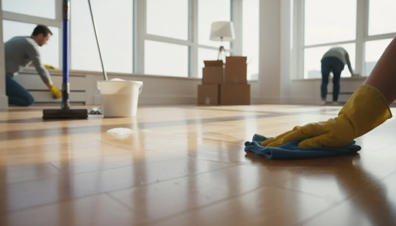 Lyst, ryddeligt lejlighedsrum med trægulv under fraflytningsrengøring og rengøringsudstyr i baggrunden.