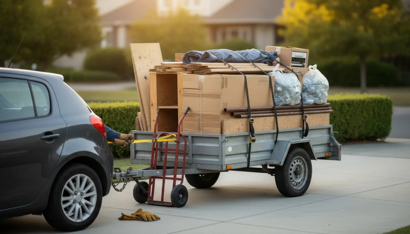 En trailer med sorteret husholdningsaffald klar til afhentning på en indkørsel.