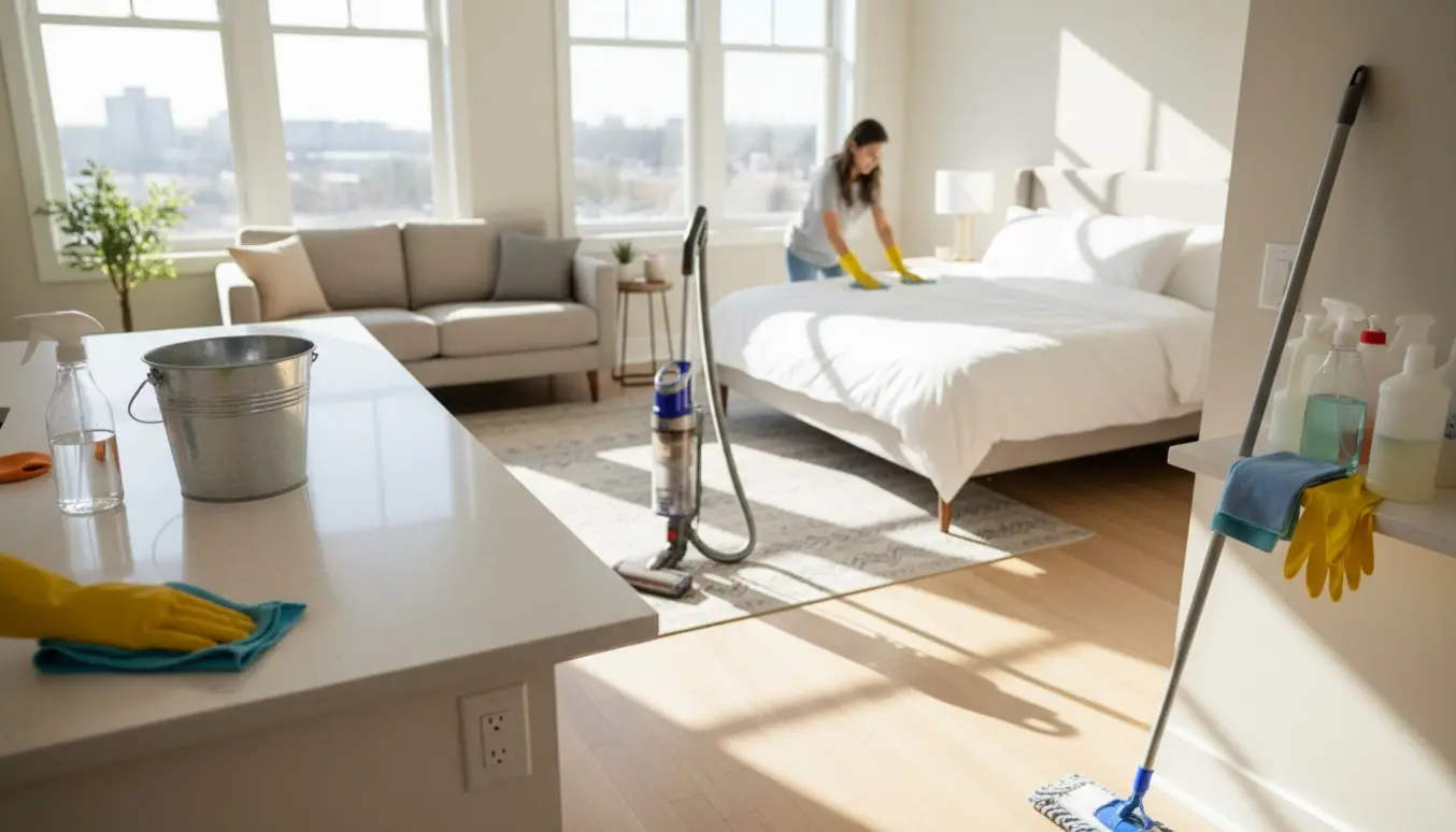 Rengøringsperson i handsker aftørrer køkkenbord i en lys, ryddelig lejlighed klar til gæster.