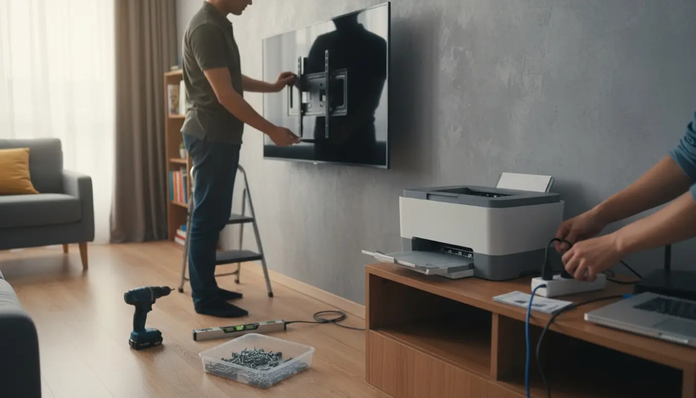 Person hænger et fjernsyn op og sætter en digital printer op i et lyst, ryddeligt hjemmekontor.