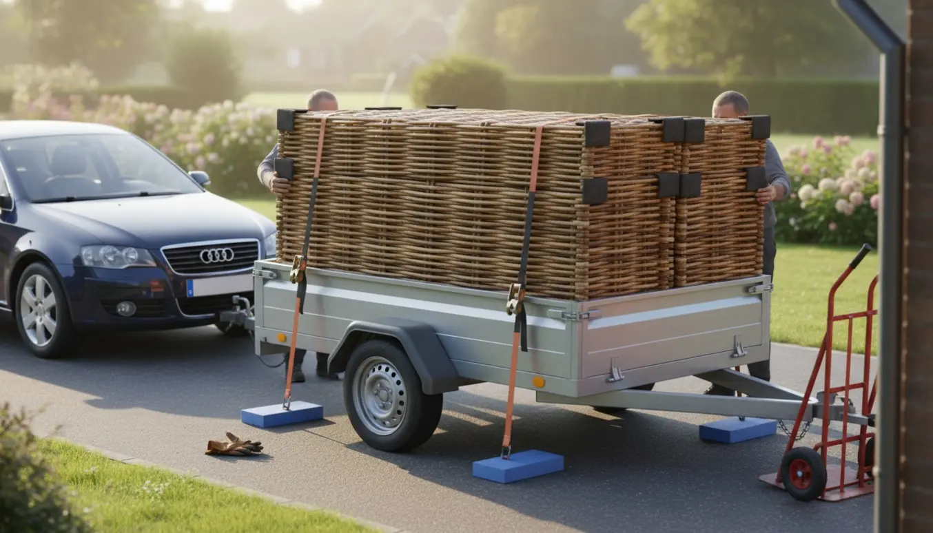 Flettede hegnspaneler læsses og fastgøres på en trailer i en indkørsel.