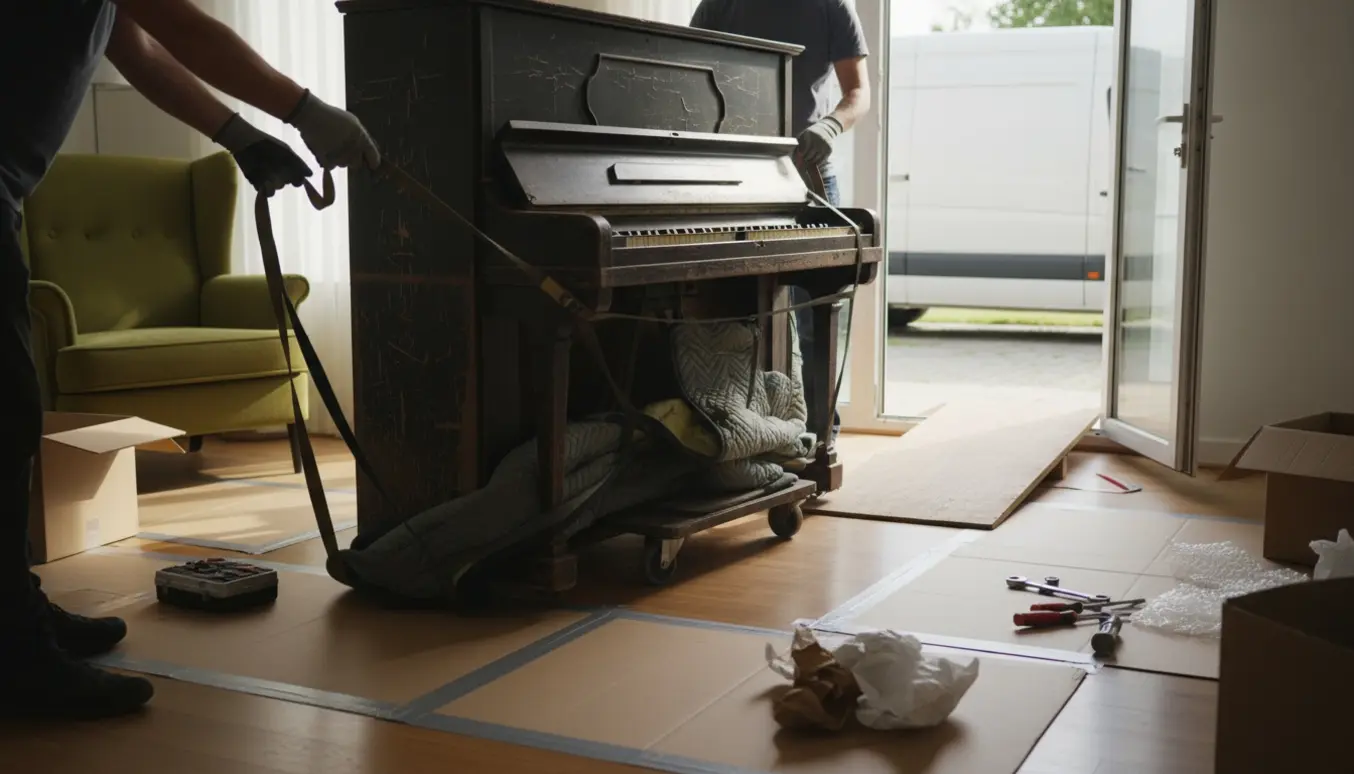 Gammelt klaver pakket ind og forsigtigt båret ud gennem en åben havedør.