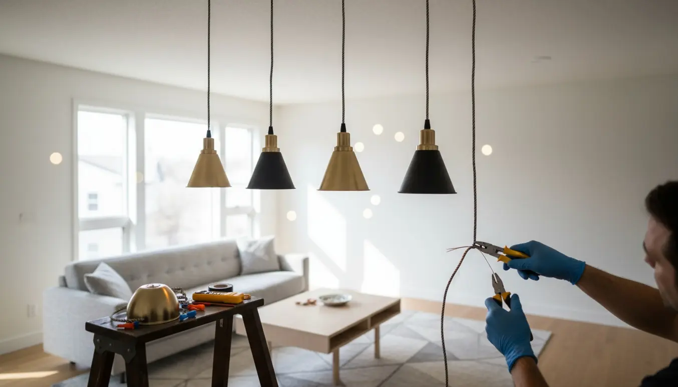 Fire pendler monteres i et lyst, moderne rum med hænder, ledninger og værktøj i fokus.