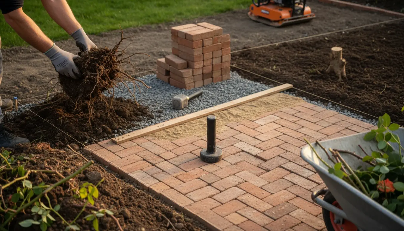 Lille rosenbed omlægges med røde munkesten, omgivet af skovl, handsker, sand og en bunke jord.