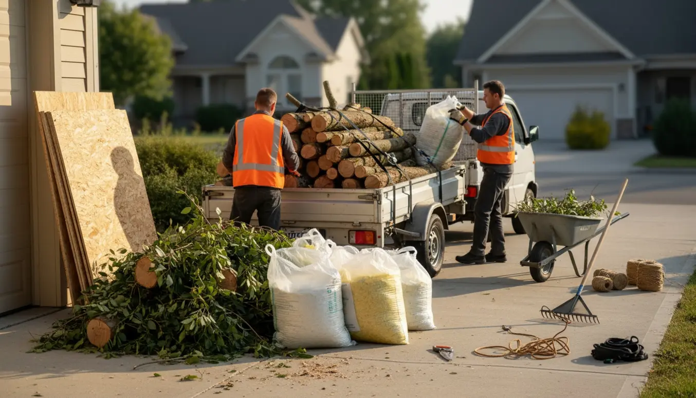 Trailer og lad lastet med have- og byggeaffald: grene, plastposer med rockwool og spånplader i indkørsel.